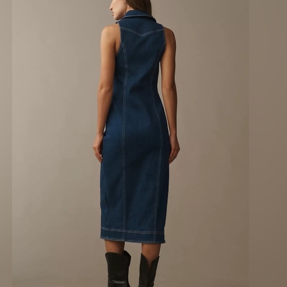 Pilcro Fitted Dark Denim Midi Dress Size XL Blue Stretch Double Ended Zipper - Picture 13 of 14